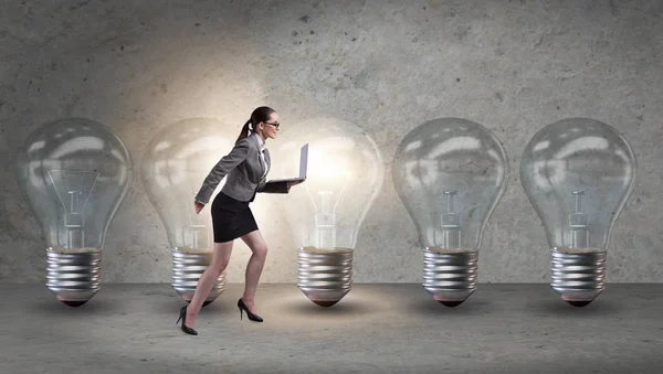 Businesswoman in new idea concept with light bulb — Stock Photo, Image