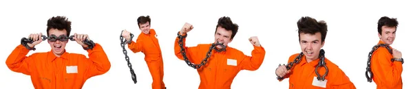 Joven recluso con cadenas aisladas en el blanco — Foto de Stock
