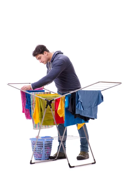 Husband man doing laundry isolated on white — Stock Photo, Image