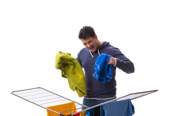 Husband man doing laundry isolated on white — Stock Photo, Image