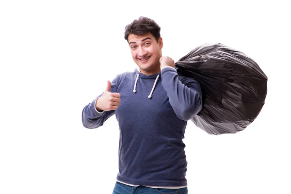 Homme avec sac poubelle isolé sur blanc — Photo