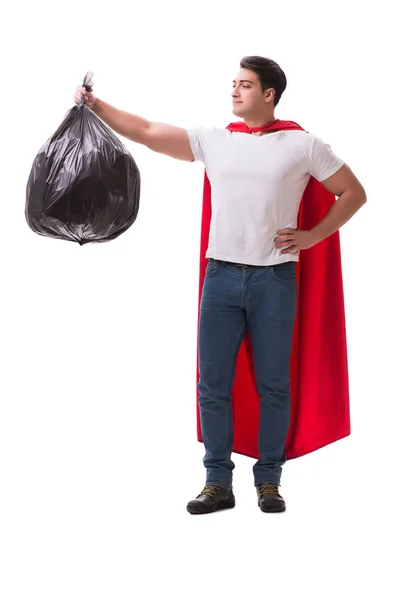 Superhéroe hombre con saco de basura aislado en blanco —  Fotos de Stock