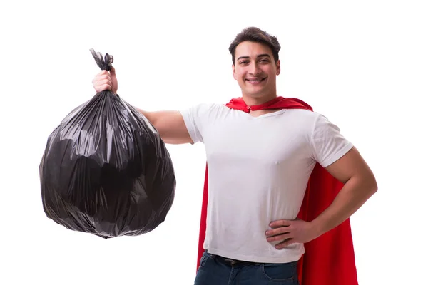 Superhrdina muž s pytlem smetí izolované na bílém — Stock fotografie