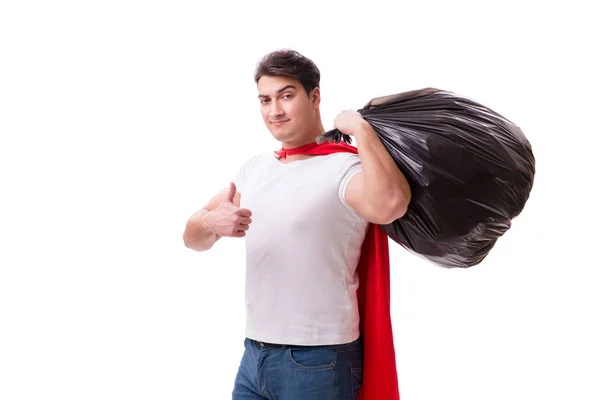 Superheld man met vuilnis zak geïsoleerd op wit — Stockfoto