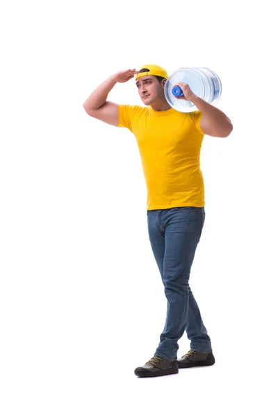 Mann liefert Wasserflasche isoliert auf Weiß — Stockfoto