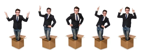 Забавна людина з коробками ізольовані на білому — стокове фото