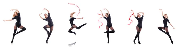 Junge Frau tanzt auf weißem Hintergrund — Stockfoto