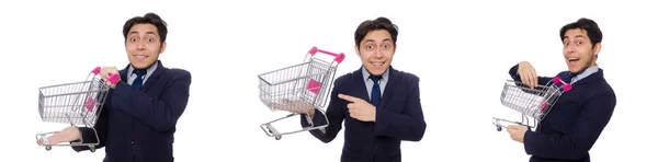 Grappige mens met winkelwagen geïsoleerd op wit — Stockfoto