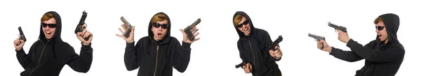 Uomo aggressivo con pistola isolata su bianco — Foto Stock