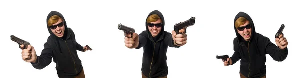 Агрессивный человек с пистолетом изолирован на белом — стоковое фото