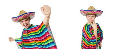 Komik genç Meksikalı yanlış bıyıklı beyaz izole.