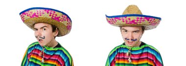 Komik genç Meksikalı yanlış bıyıklı beyaz izole.