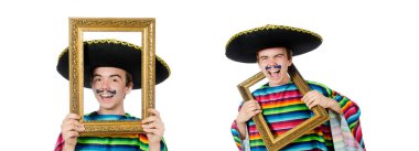 komik genç Meksikalı fotoğraf çerçevesi ile üzerine beyaz izole.