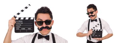 Bıyıklı adam beyaz izole Klaket holding ile