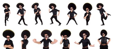 Meksika şapkası takan komik bir adam beyaz şapkalı.