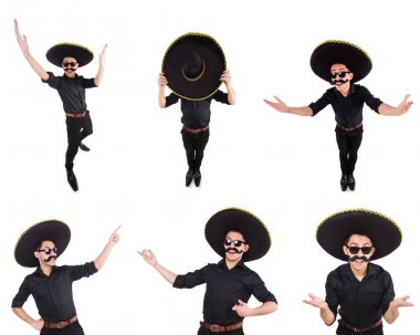 Meksika şapkası takan komik bir adam beyaz şapkalı.