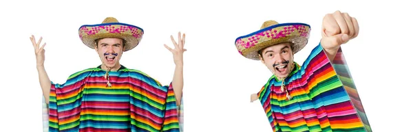Lustige junge Mexikaner mit falschem Schnurrbart isoliert auf weiß — Stockfoto
