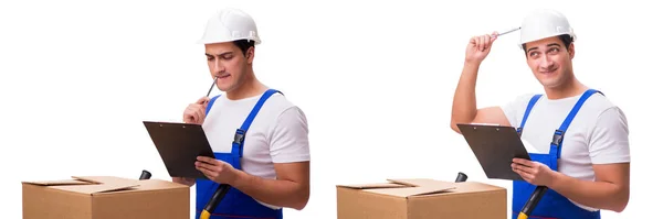 Hombre con cajas aisladas en blanco — Foto de Stock