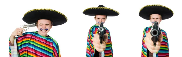 Grappige jonge Mexicaanse met pistool geïsoleerd op wit — Stockfoto