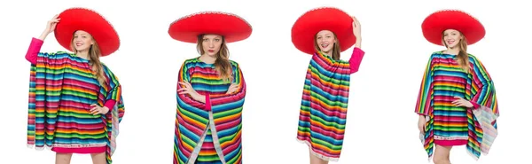 Hübsches Mädchen im mexikanischen Poncho isoliert auf weiß — Stockfoto