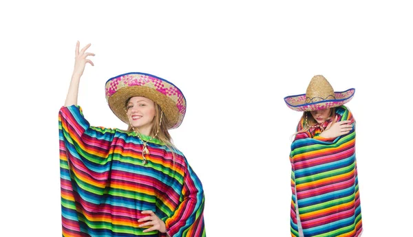 Menina bonita no poncho mexicano isolado no branco — Fotografia de Stock