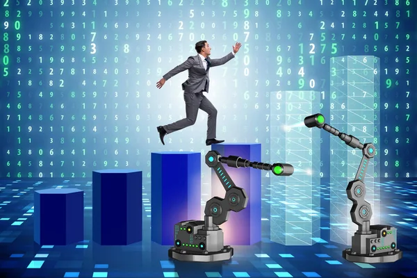 Businessman walking up the chart supported by robotic arm — Stock Photo, Image