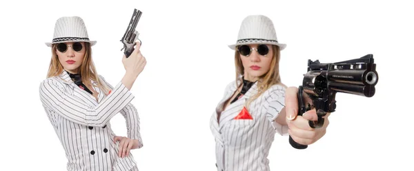 Güzel kız beyaz izole eli silah tutan — Stok fotoğraf