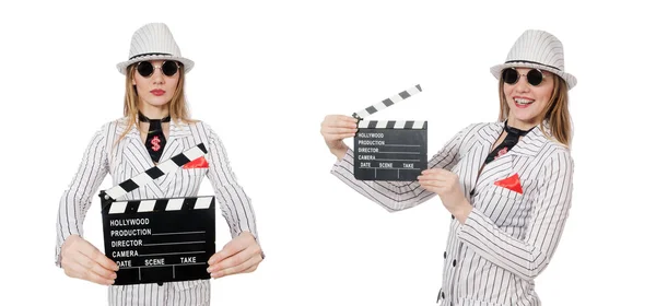 Beautiful girl in striped clothing holding clapperboard isolated — Stock Photo, Image