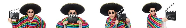 Lustiger Mexikaner im Poncho mit Klappbrett isoliert auf weiß — Stockfoto