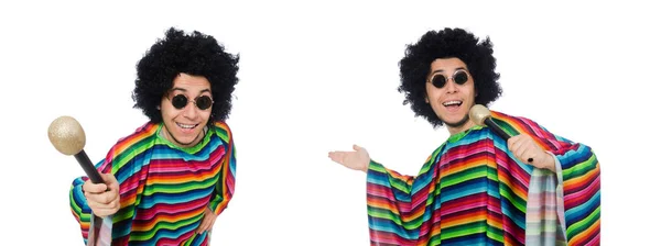 Divertido poncho mexicano con maracas aisladas en blanco — Foto de Stock