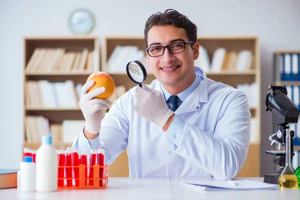 Científico trabajando en frutas y verduras orgánicas — Foto de Stock