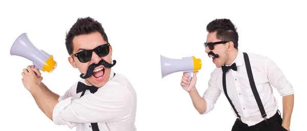 Homme émotionnel avec haut-parleur isolé sur blanc — Photo