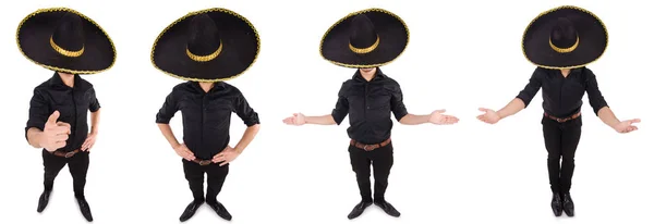 Homem engraçado usando chapéu sombrero mexicano isolado em branco — Fotografia de Stock