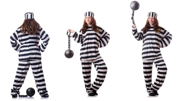 Gevangene in gestreept uniform op wit — Stockfoto