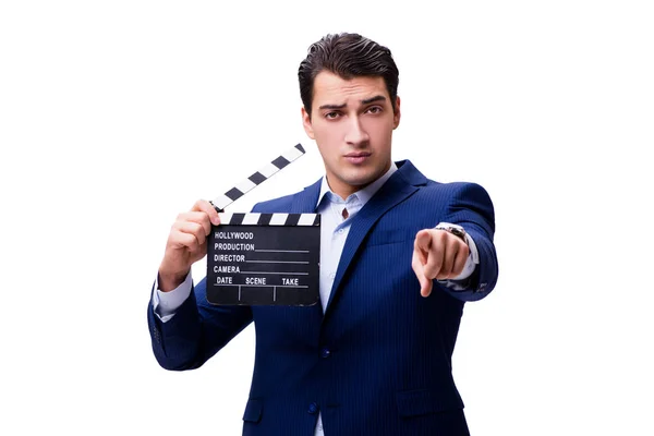 Beyaz izole film tokmağı ile yakışıklı adam — Stok fotoğraf