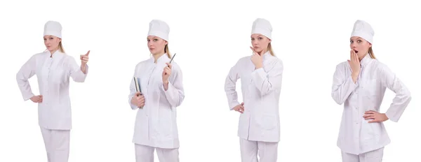 Досить жіночий лікар ізольований на білому — стокове фото