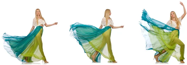 Kobieta koncepcja moda w zielonej sukni na białym — Zdjęcie stockowe
