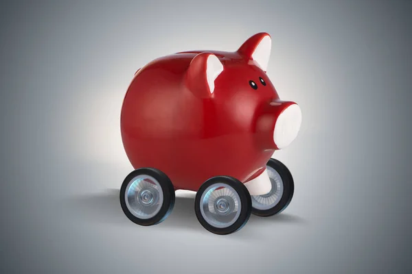Piggybank driving away on wheels 3d rendering — Stock Photo, Image