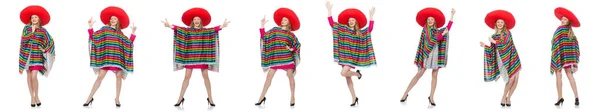 Menina bonita no poncho mexicano isolado no branco — Fotografia de Stock