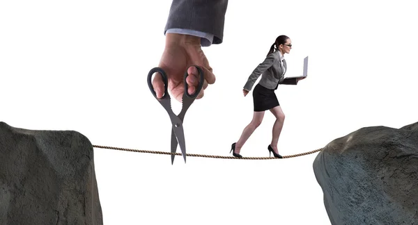 Hand cutting the rope under businesswoman tightrope walker — Stock Photo, Image