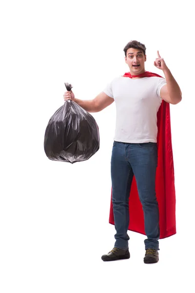 Superhrdina muž s pytlem smetí izolované na bílém — Stock fotografie