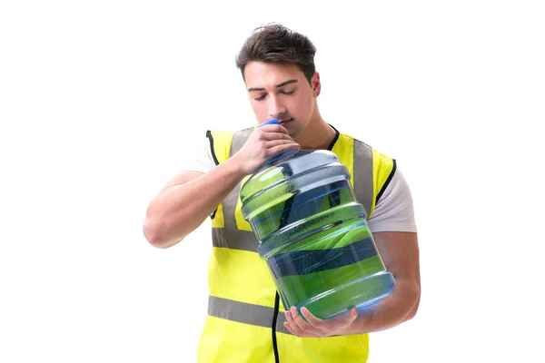 Man delivering water bottle isolated on white — Stock Photo, Image