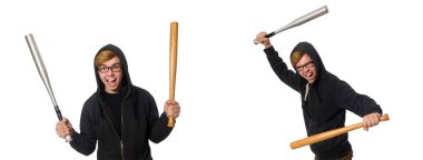 Beyaz izole beysbol sopası ile agresif adam