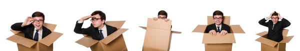 Hombre divertido con cajas aisladas en blanco —  Fotos de Stock