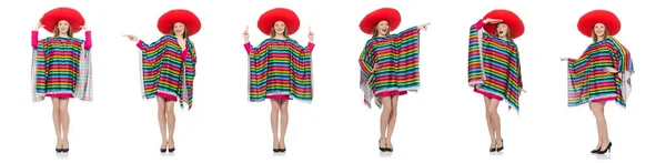 Jolie fille au poncho mexicain isolé sur blanc — Photo