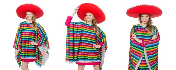 Menina bonita no poncho mexicano isolado no branco — Fotografia de Stock