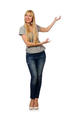 Beyaz arka planda izole edilmiş güzel bir kadın modeli.