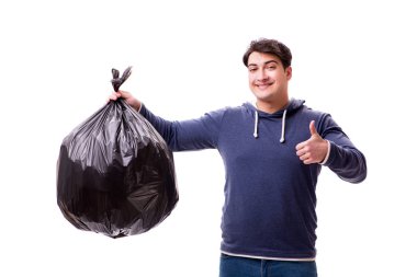 Çöp torbası olan adam beyazda izole edilmiş.