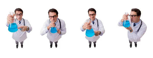 Funny doctor with blue liquid isolated on white — Stock Photo, Image