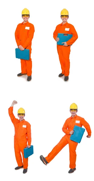 Man in oranje overall geïsoleerd op wit — Stockfoto